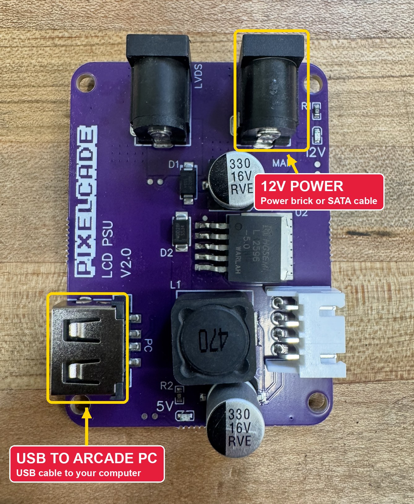 Pixelcade LCD power board: 12V power jack at top right, USB port to the arcade computer at bottom left